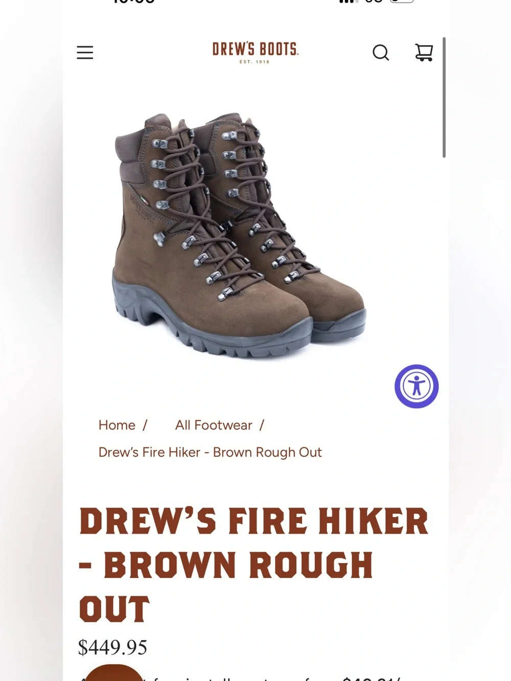 DREW Fire Hiker Men's Brown Rough-Out Boots (Sz 9) Wildland Fire boots